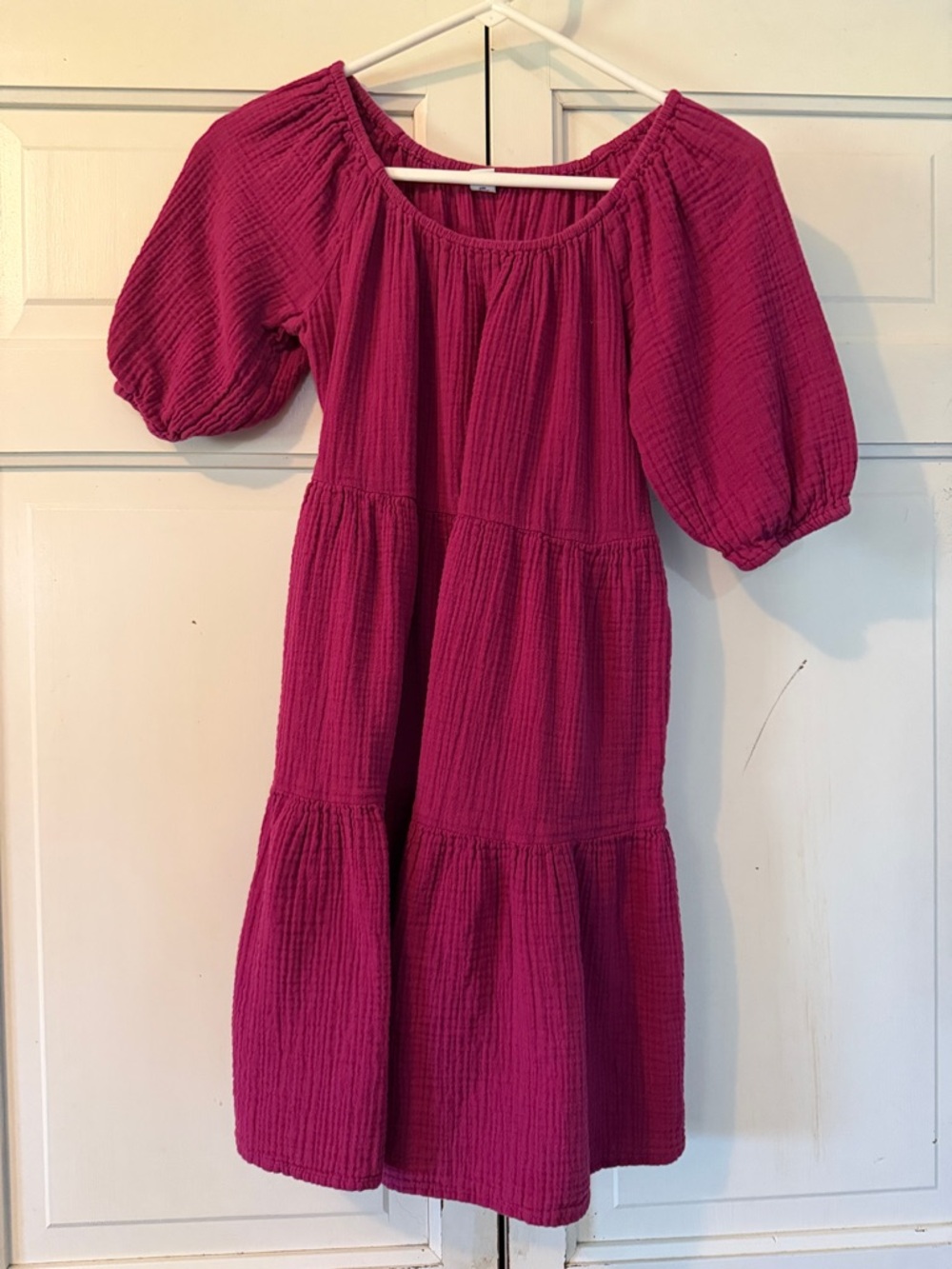 Old Navy Fuchsia Tiered Gauze Dress with Puff Sleeves